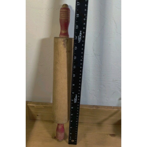 Vintage Wood Rolling Pin Red Handles 17" Farmhouse Primitive Kitchen Rustic - Picture 3 of 7